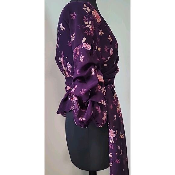 Purple Pink Floral V-Neck Wrap Blouse L Semi-Sheer Cropped Festival EUC - Picture 4 of 7